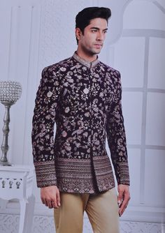 Item details: Handmade item Materials Raw Silk, Imported  Embossed Fabric With Self Gold Print, blue Color  Slight Variation in Color Possible due to Lighting Effect/Monitor Resolution and Photography . Exclusive Chikankari Embroidery  Designer Sherwani. RAW Silk  Style : Ethnic Men's wear Top Details : Color Dark Purple Maroon tone, daman work Imported fabric  Jodhpuri suit  self  embroidery fabric, Fabric - Lakhnavi Chikankari , Work - Printed Beige color/ Camel color   Pant  Free Size  Pant I Festive Nehru Jacket With Zari Work For Groom, Traditional Bandhgala With Dabka Work For Groom, Bollywood Bandhgala For Groom's Festival Wear, Bollywood Bandhgala For Groom, Festive Occasions, Bollywood Bandhgala For Groom And Festivals, Bollywood Bandhgala For Groom, Bollywood Style Groom's Traditional Wear With Dabka, Bollywood Traditional Wear For Groom With Dabka, Groom Bandhgala With Zari Work For Festivals