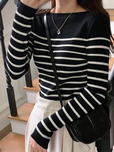 Women's Autumn/Winter Crew Neck Long Sleeve Black And White Striped Slim Sweater Black and White Casual  Long Sleeve Knitted Fabric Colorblock,Striped Pullovers Medium Stretch  Women Clothing, size features are:Bust: ,Length: ,Sleeve Length: Slim Sweater, White Casual, Knitwear Women, Womens Fall, Long Sleeve Knit, Black Sweaters, Women Clothing, White Stripe, Autumn Winter