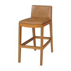 a wooden bar stool with brown leather upholstered seat and backrest, viewed from the front