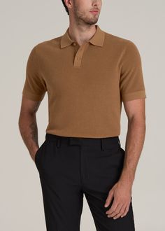 Purl Knit Polo for the Tall Man with Style Refined Relaxation Elevate your casual look with our Purl Knit Tall Men's Polo Shirt. This isn't just an extra-long polo shirt—it's a statement of sophistication made with the taller guy in mind. The modern fit and longer-than-hip length ensure a sleek silhouette without sacrificing comfort. Whether it’s for a smart-casual meeting or a weekend getaway, this men's tall polo shirt, with its ribbed hem and cuffs, ensures you stand out in the best way possi Brown Collared Knit Tops, Casual Brown Collared Sweater, Classic Brown Cashmere Top, Casual Brown Polo Sweater, Casual Brown Knit Polo Sweater, Brown Short Sleeve Casual Sweater, Casual Camel Sweater For Work, Casual Brown Short Sleeve Sweater, Brown Knit Top With Ribbed Collar