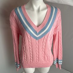 Fate Pink Blue White Cable Knit V-Neck Long Sleeve Sweater. Retro Style. Nwt. Smoke Free Home Spring Cable Knit V-neck Sweater, Trendy Pink V-neck Sweater, Pink Long Sleeve V-neck Sweater, V-neck Cable Knit Sweater For Spring, Trendy Blue V-neck Sweater For Spring, Pink V-neck Sweater For Winter, Preppy Spring Knit Tops, Preppy Knit Tops For Spring, Spring Preppy Knit Tops