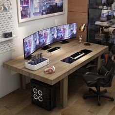 a computer desk with two monitors on it