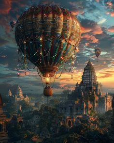 a hot air balloon flying over a city in the sky with other balloons floating above it