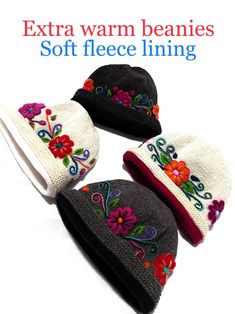 "GIFTS FOR HER ♥ Cozy, soft and extra warm Beanies with fleece lining. Winter accessory for ladies, handmade in 100% sheep wool with hand embroidered flowers. Ethnic design from Perú in elegant colors with flowers in vibrant colors. These cozy hats are perfect for winter covering your ears softly. Beanie cap for winter, big enough to cover your ears. Excellent finished. Size for adults. Excellent finished with fleece lining in different colors. Hand Wash. Dry Flat. NO WASHER MACHINE - NO DRYER P Embroidered Curved Brim Winter Hat, Embroidered Winter Cap, Winter Embroidered Cap, Winter Embroidered Beanie Hat, Peruvian Hat, Alpaca Hat, Hat With Flowers, Hand Embroidered Flowers, Cozy Hat