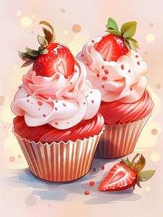 two strawberry cupcakes with whipped cream and strawberries