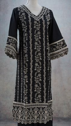 Straight Kurta With Chikankari Embroidery For Reception, Chikankari Embroidered Fabric For Reception Straight Kurta, Black Chikankari Embroidery Sets For Reception, Black Sets With Chikankari Embroidery For Reception, Traditional Long Sleeve Embroidered Dress For Reception, Fitted Embroidered Dress With Dabka Work For Eid, Fitted Embroidered Dress For Eid Reception, Black Saree Dress With Floral Embroidery, Black Floral Embroidered Saree Dress