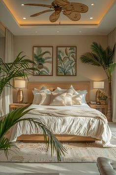 a large bed sitting in a bedroom next to two planters on either side of the bed