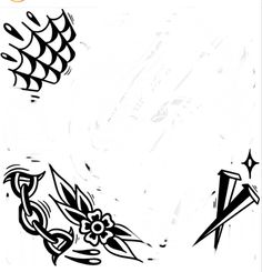 some black and white tattoos on a white background with an arrow, flower, and lightning bolt