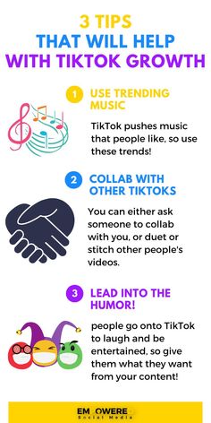 1. Use Trending Music: TikTok pushes music that people like, so use these trends!
2. Collab With Other TikTokers: you can either ask someone to collaborate with you, or duet or stitch other people's videos.
3. Lean Into The Humor: People go onto TikTok to laugh and be entertained, so give them what they want from your content! Tiktok Advice, Content Ideas For Tiktok, Linkedin Strategy, Wifi Money, Tiktok Hacks