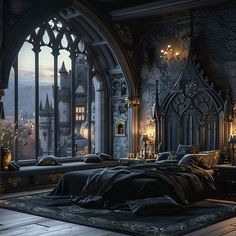 a gothic bedroom with an arched window and large bed in the middle, overlooking a castle like building