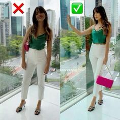 two pictures of a woman in white pants and green tank top holding a pink purse