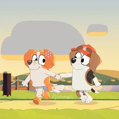 two cartoon dogs holding hands and walking on a path in front of a fenced in area