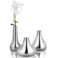 three silver vases with a single white flower in one and two smaller ones on the other