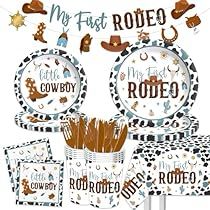 cowboy baby shower party supplies including plates, cups and napkins with the words my first rodeo rodeo on them