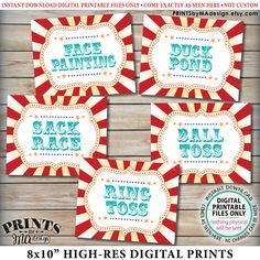 four red, white and blue circus themed printables for party favors or cupcake toppers