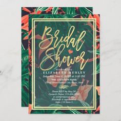 the tropical bridal shower is shown in gold, green and pink flowers on a marble background