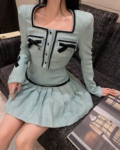 FREE SHIPPING Winter Fall Tweed Women Sweet Bowknot Coat Jacket And Pleated Mini Skirt JKP4860 - Allkpop Shop Tweed Women, Winter Sewing, Pretty Clothes, Tea Length Dresses, Refashion Clothes, School Art, Dress Silhouette, Tube Dress, Pleated Mini Skirt