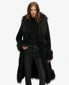 Superdry Faux Fur Lined Longline Afghan Coat - Women's Womens Jackets Outfit Vaqueros, Black Afghan, Faux Fur Trim Coat, Afghan Coat, Boho Mode, Long Black Coat, Superdry Women, Long Coat Women, Womens Jackets