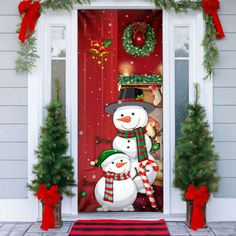 two snowmen standing in front of a red door decorated with christmas wreaths and decorations