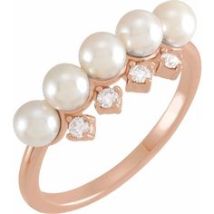 Akoya Pearl with Diamond Accents Five Round 4-4.5mm Freshwater Pearl Round diamonds totaling to 1/8cttw Set in 14K 8 Carat Diamond Ring, Saint Jewelry, Pearl And Diamond Ring, Authentic Jewelry, Akoya Pearls, Stackable Ring, Ring Fit, Pearl Diamond, Round Brilliant Cut Diamond