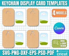 four different sized tags with the words keychain disply card templates