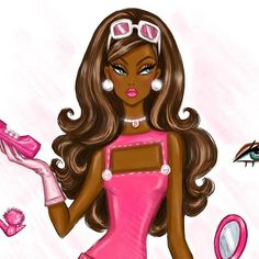 a drawing of a barbie doll holding a pink shoe and some other items in front of her