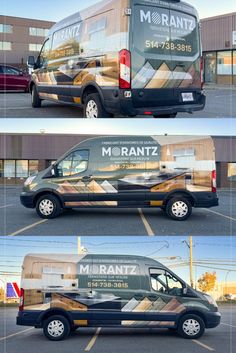 three different views of a van parked in a parking lot