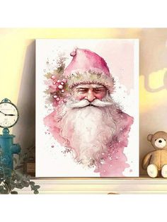 a painting of santa claus on a shelf with a teddy bear and clock in the background