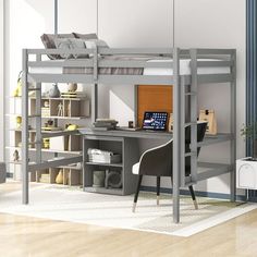 a loft bed with desk underneath it in a room that has hardwood floors and white walls