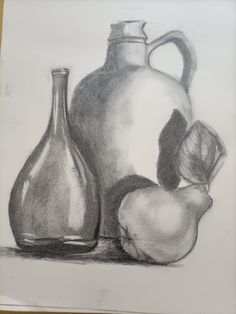 a pencil drawing of two vases and an apple on a table next to each other