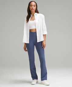 The ease of a pull-on pant with the look of a trouser. These office-ready pants feature an easy-to-style silhouette with a discreet, smoothing waistband that's stretchy but comfortably snug. Designed for Casual. Slim fit skims your body:Subtle flared leg:32" inseam, intended to sit below ankle for heights of 5'5"-5'8":Opt for your usual size. Expect them to feel snug as you pull them over your hips but comfortable once on. Smooth-Fit Waistband technology uses bonded construction to create a comfortable, smoothing fit. Hand pockets. Women Pants, High Rise Pants, Back Women, Business Casual Outfits, Pull On Pants, Hoodie Top, Jacket Tops, Long Tops, Trousers Women