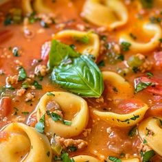 a bowl filled with pasta and meat in tomato sauce, garnished with fresh basil