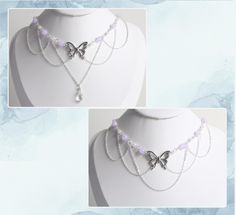 DM me to request changes xx This necklace features delicate pastel purple beads, lustrous pearls, and draped chains, creating a layered, fairy and ethereal look. In the heart of this necklace, a captivating butterfly pendant and a sparkling clear crystal pendant add a touch of timeless beauty.  The layers of draped chains add depth and dimension to the necklace, allowing it to rest gracefully against your neckline, accentuating your natural beauty. The delicate nature of this piece ensures it is Ethereal Fairy, Purple Bead Necklace, Violet Pastel, Beaded Butterfly, Layered Chain Necklace, Layered Chain, Purple Beads, Bleu Pastel, Purple Pearl