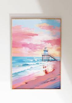 a painting of a beach with a pier in the distance and pink clouds above it