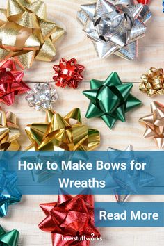 how to make bows for wreaths with red, gold and blue ribbons on a wooden table