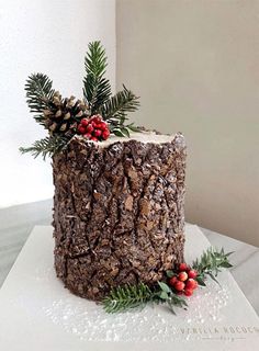 a cake decorated with pine cones, berries and evergreen leaves on top of a white table