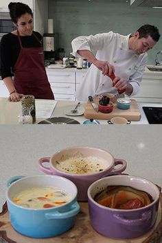 two pictures one shows a man and woman preparing food while the other shows an individual cooking