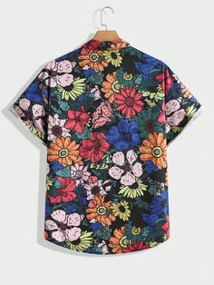 Multicolor Boho Collar Half Sleeve Woven Fabric Floral Shirt Embellished Non-Stretch  Men Plus Size Clothing Multicolor Casual Collar Shirt, Multicolor Casual Shirt With Casual Collar, Casual Multicolor Shirt With Casual Collar, Casual Multicolor Floral Print Camp Shirt, Casual Multicolor Cotton Hawaiian Shirt, Skull Butterfly, Men Plus Size, Fabric Floral, Plus Size Shirts