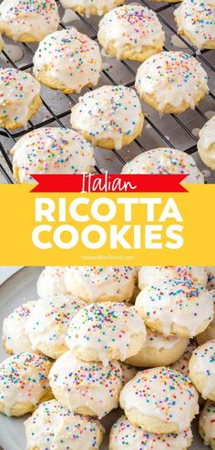 the recipe for italian ricotta cookies with white frosting and sprinkles