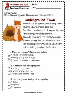 worksheet for reading the underground town with animals and other things to do in it