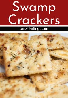 some crackers on a white plate with the words swamp crackers in red and white