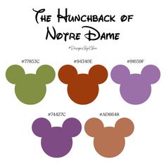 mickey mouse ears with different colors and sizes for each disney character's name on them