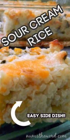 two pieces of rice with cheese on top and the words sour cream rice easy side dish