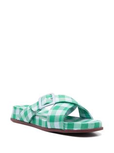 Camper Atonik Gingham Slides - Farfetch Casual Green Slides With Textured Footbed, Spring Green Slides With Textured Footbed, Cotton Sandals For Vacation In Spring, Green Synthetic Slides For Spring, Cotton Sandals For Spring Vacation, Spring Vacation Cotton Sandals, Casual Green Slides For Spring, Comfortable Cotton Sandals For Summer, Comfortable Cotton Summer Sandals