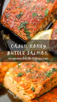 Cajun Honey Butter Salmon is a delicious sweet-spicy seafood recipe with a buttery and flavourful sauce that’s ready in under 20 minutes! The cajun seasoning adds boldness and boastful flavor to the dish, while the honey butter serves up a sweet dainty twist. Serve as part of a main or entree and pair with veggies, grains or potatoes! Compound Butter For Salmon, Honey Cajun Salmon, Cajun Butter Salmon, Salmon Seasoning Recipe, Salmon Marinades, Cajun Honey Butter Salmon, Honey Butter Salmon, Salmon Bites Recipe, Salmon Dinner Recipes