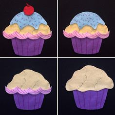 four pictures of cupcakes with frosting and a cherry on top