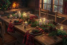 A warm illustration of a cozy Christmas dinner table with a rustic wooden tabletop, beautifully decorated with pine stock images Cozy Christmas Dinner, Christmas Cabins, Cozy Christmas Cabin, Cottage Woods, Wood Cabin, Christmas Dinner Table, Small Cottage, Christmas Dining, Cabins In The Woods