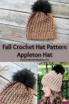 the fall crochet hat pattern is shown with two black pom - poms