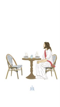 a woman sitting at a table with a cup of coffee