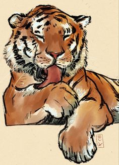 a drawing of a tiger laying down with its mouth open and tongue hanging out to the side